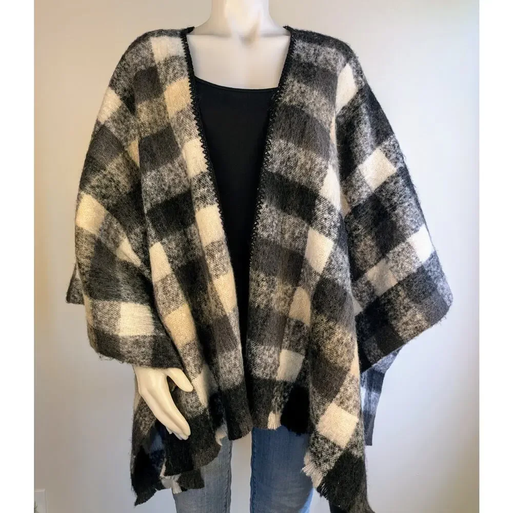 Ana Shawl Cape Wrap OS Black Gray White Buffalo Check Fringed Fuzzy Thick NEW